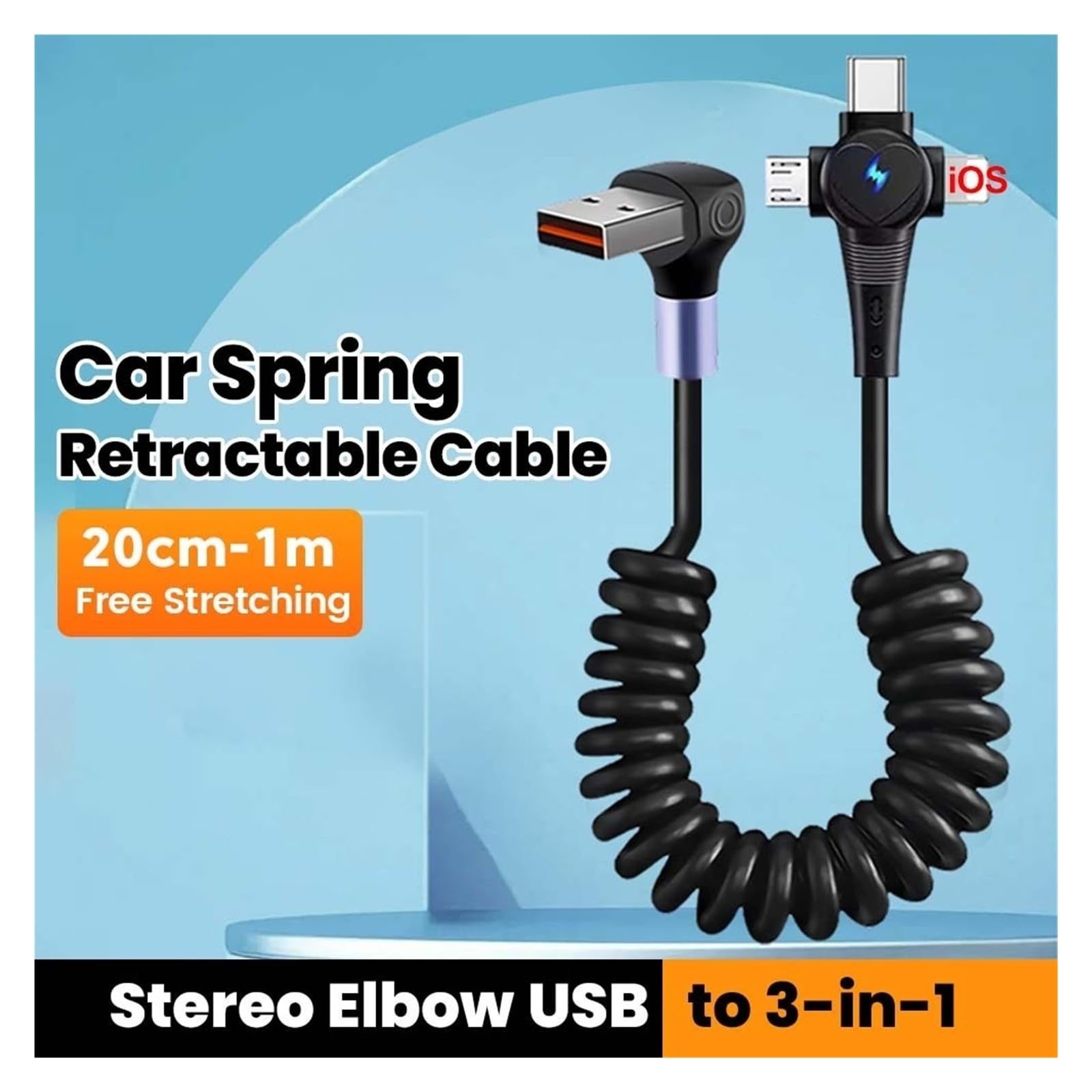 Kabel USB C Spring Elbow 6 A 66 W Fast Charge Type C do iPhone do Samsung | 3 w 1 na USB