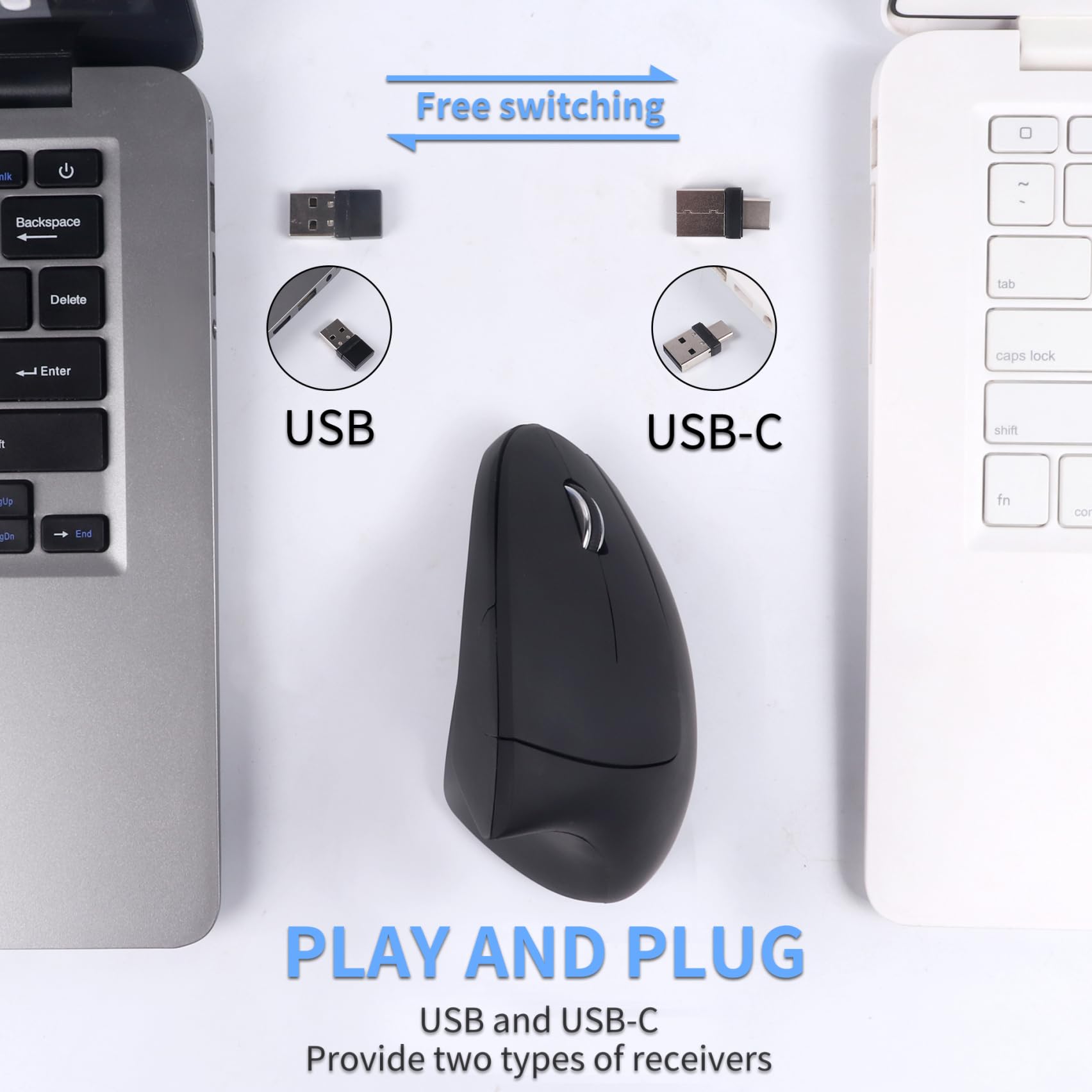 Ergonomiczna mysz bezprzewodowa pionowa (USB + typ C) odbiornik 2 w 1 z 6 przyciskami 3DPI, wygodny chwyt, optyczne myszy bezprzewodowe z adapterem USB i C, do laptopa/PC/tabletu, MacBooka