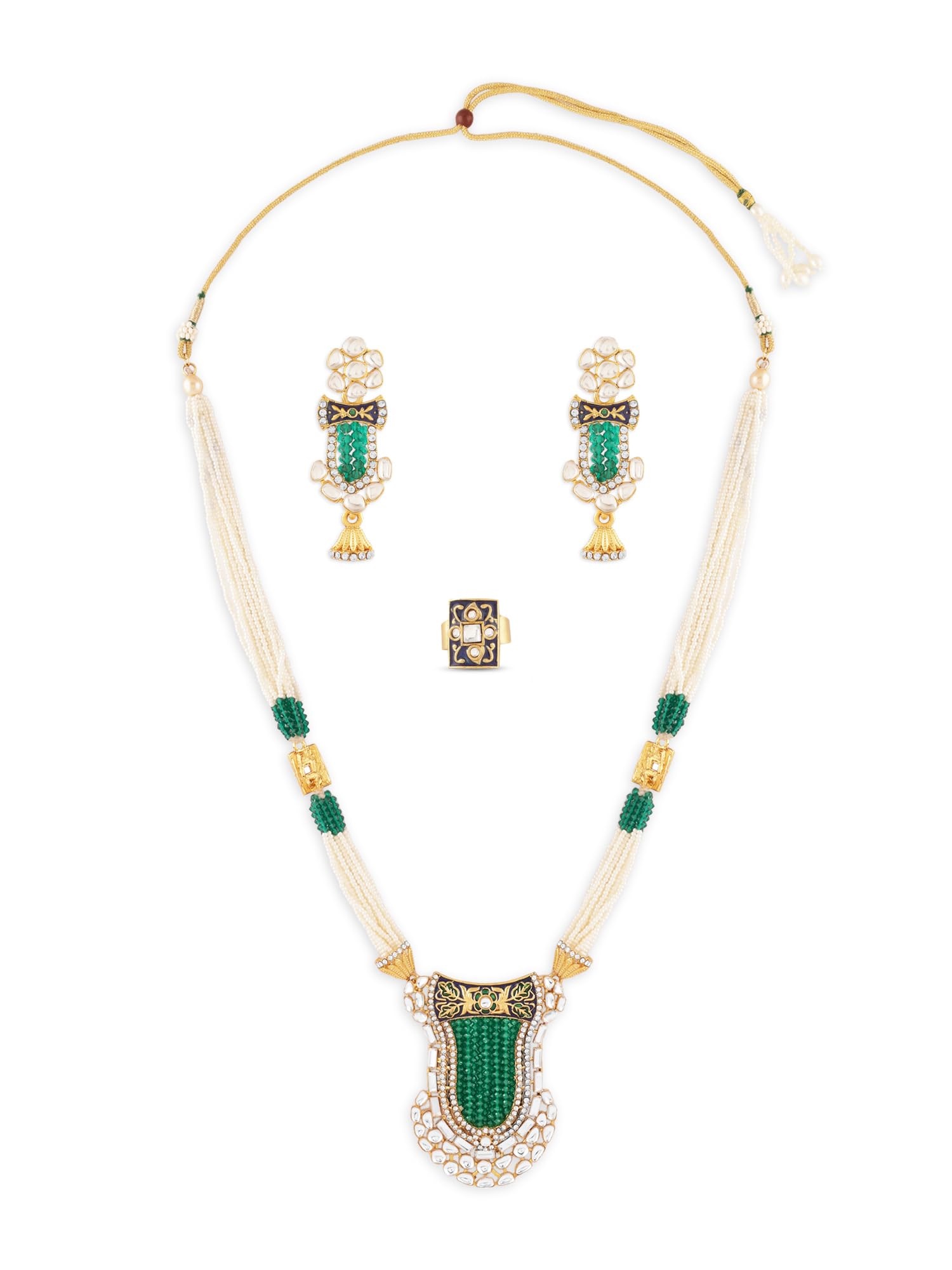 ZAVERI PEARLS Green Crystals Blue Meenakari Kundan Multistrand Necklace Earring & Ring Set For Women-ZPFK17138 (B0CTF6TFFC) Amazon Price History, Amazon Price Tracker
