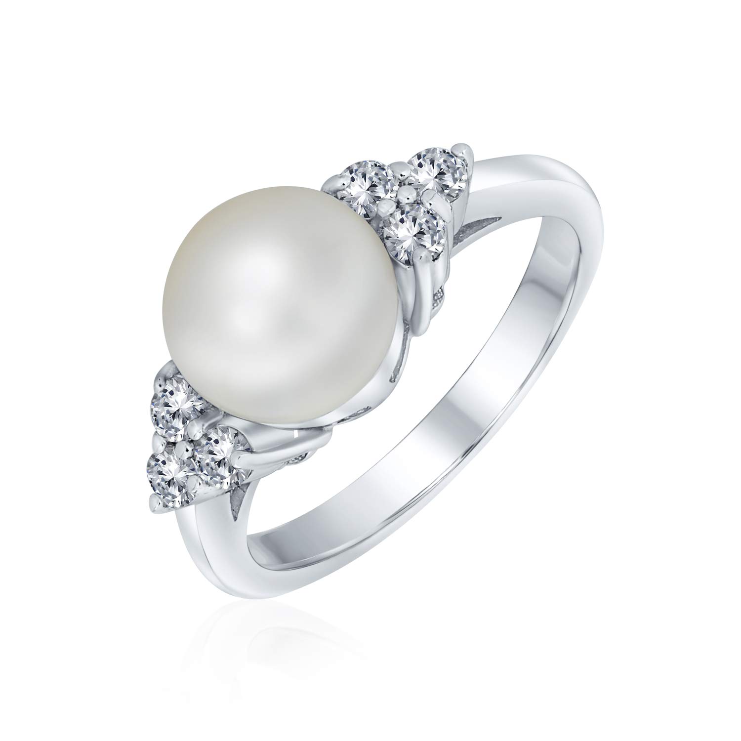 Bling Jewelry Personalize Bridal Party CZ Halo Side Stones White Solitaire Freshwater Cultured Pearl Engagement Cocktail Ring For Women .925 Sterling