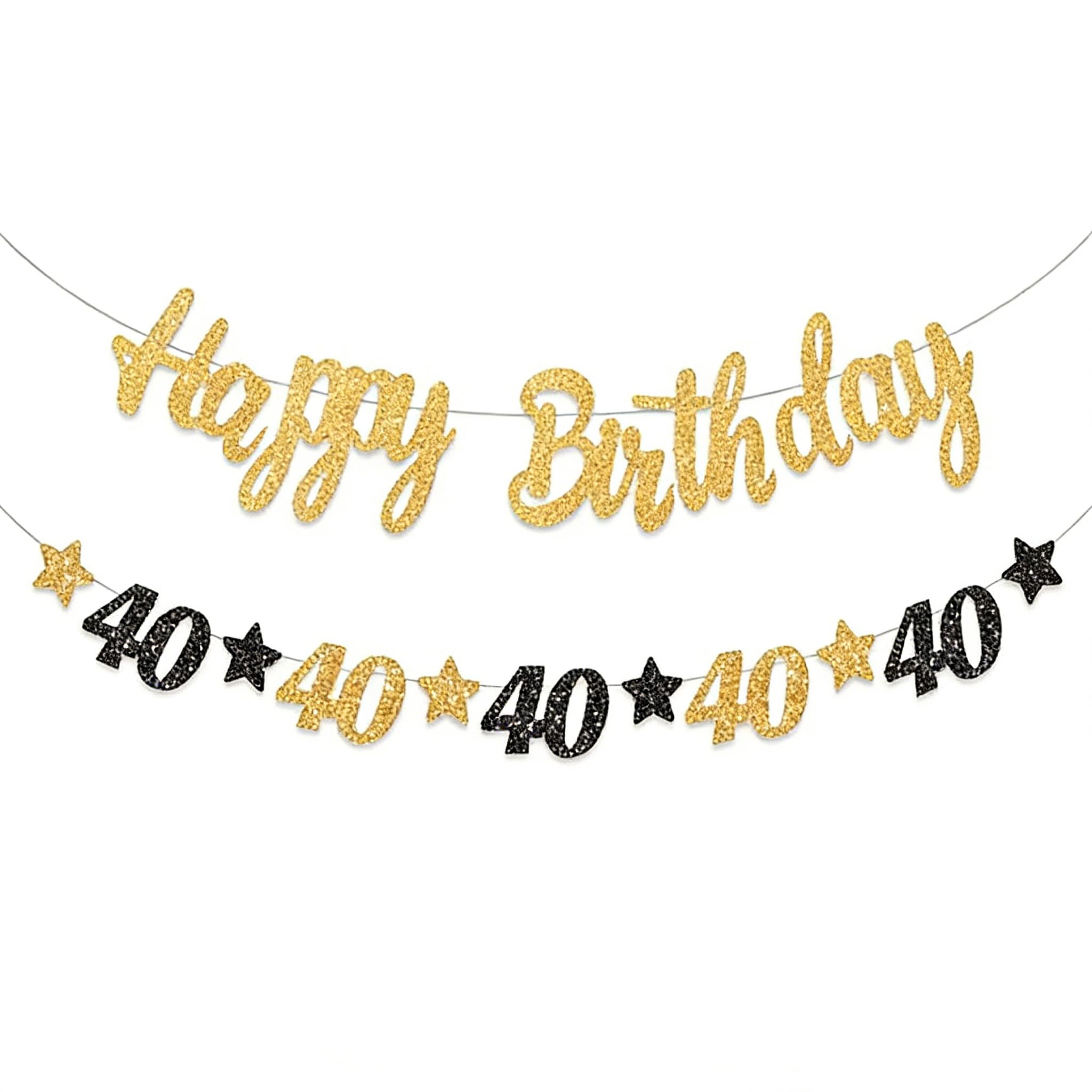 Black Gold 40th Birthday Banner with Pre-Installed Rope-Happy 40th Birthday Party Supplies Decorations for Women & Men