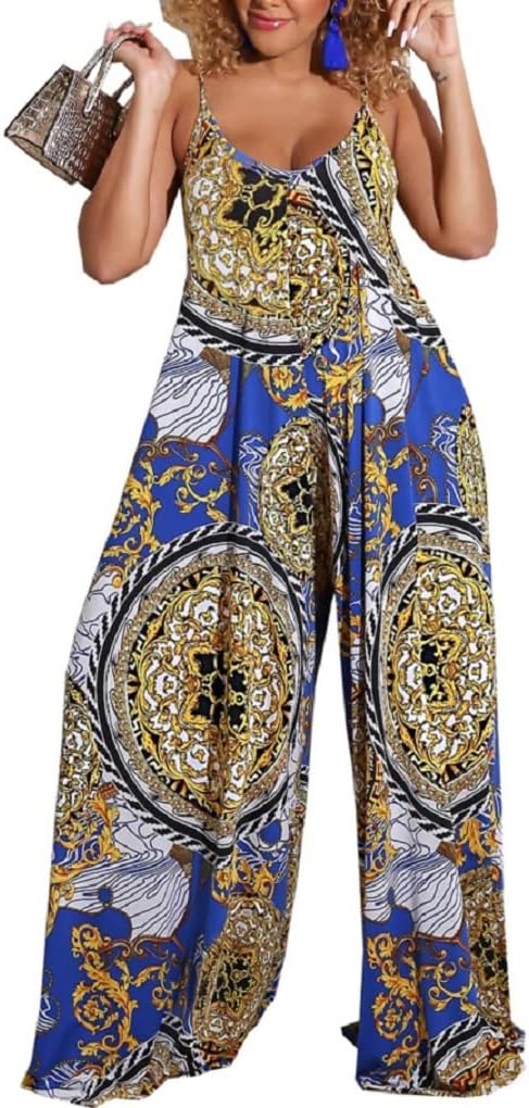 Women's Casual Summer Jumpsuits Sexy Loose Spaghetti Strap Floral Print Jumpsuit Wide Leg Pants Rompers with Pockets