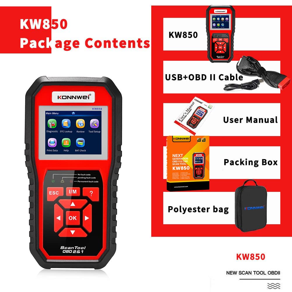 KONNWEI KW850 OBD2 urządzenie diagnostyczne z testem baterii urządzenie diagnostyczne do samochodu | Czytnik samochodowy z wyświetlaczem 2,8", przycisk czuwania One Touch I/M, kompatybilny z pojazdami OBDII od 2002,9 języków