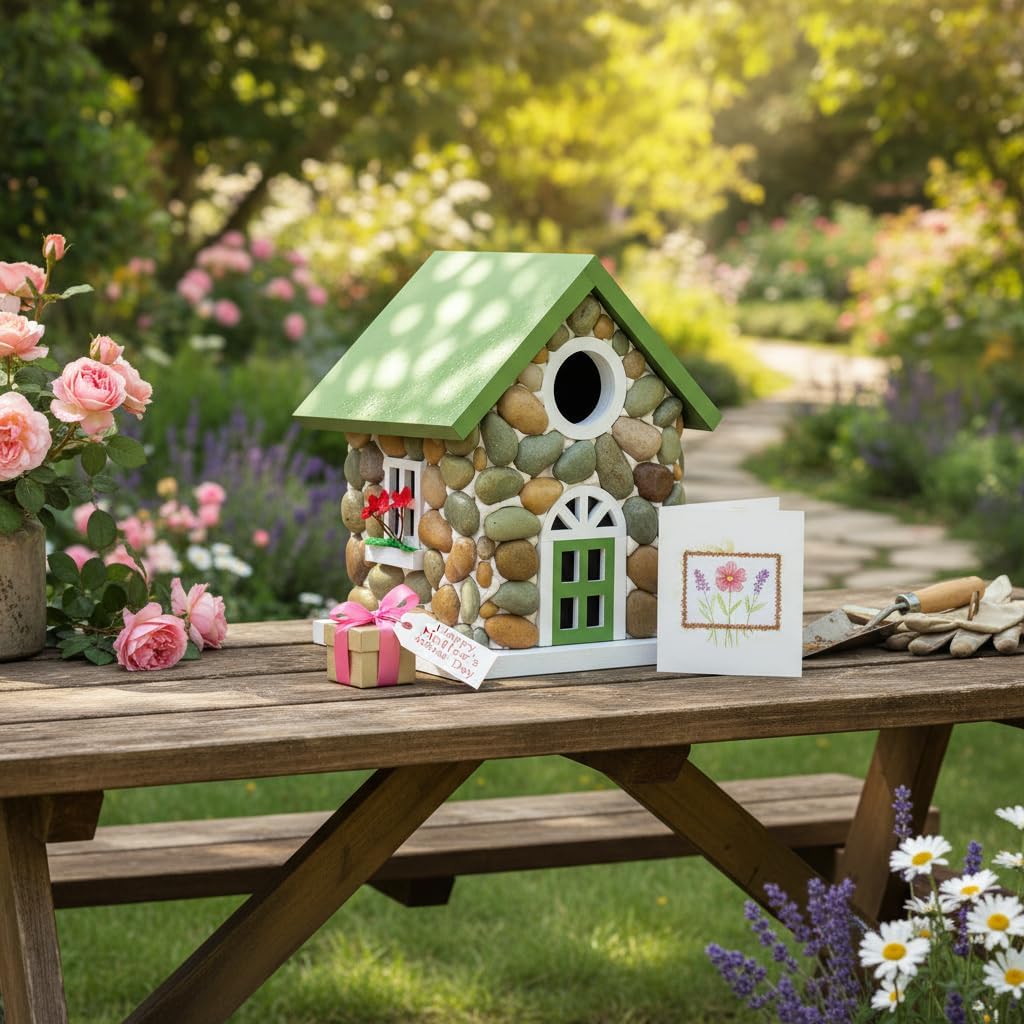 Masterpiece Bluebird House for Outside Clearance,Hanging Bird House for Outdoor, Stone Villa, River Pebbles Birdhouse for Outside, Garden Statue Solid Wood Longtime Lasting, Post Pole Mountable