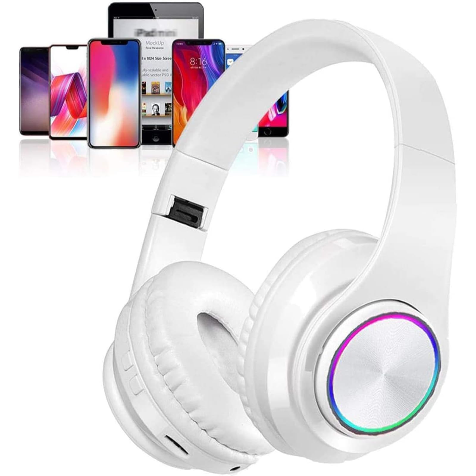 Cuffie Bluetooth over-ear con luci LED colorate con microfono incorporato, leggero, cablato e wireless, per aula e home office/PC/telefono cellulare, colore bianco