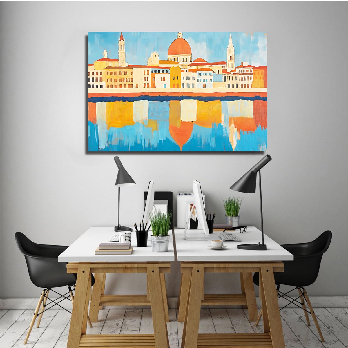TOANGWALL Europejski Miasto Odbicie Woda Oprawione Dzieło Płótno Abstrakcyjne Retro Rzeka Budynki Obraz Galeria Owinięty Plakat Drukowany Do Jadalni Przedpokoju Dekoracja 30 x 45 cm