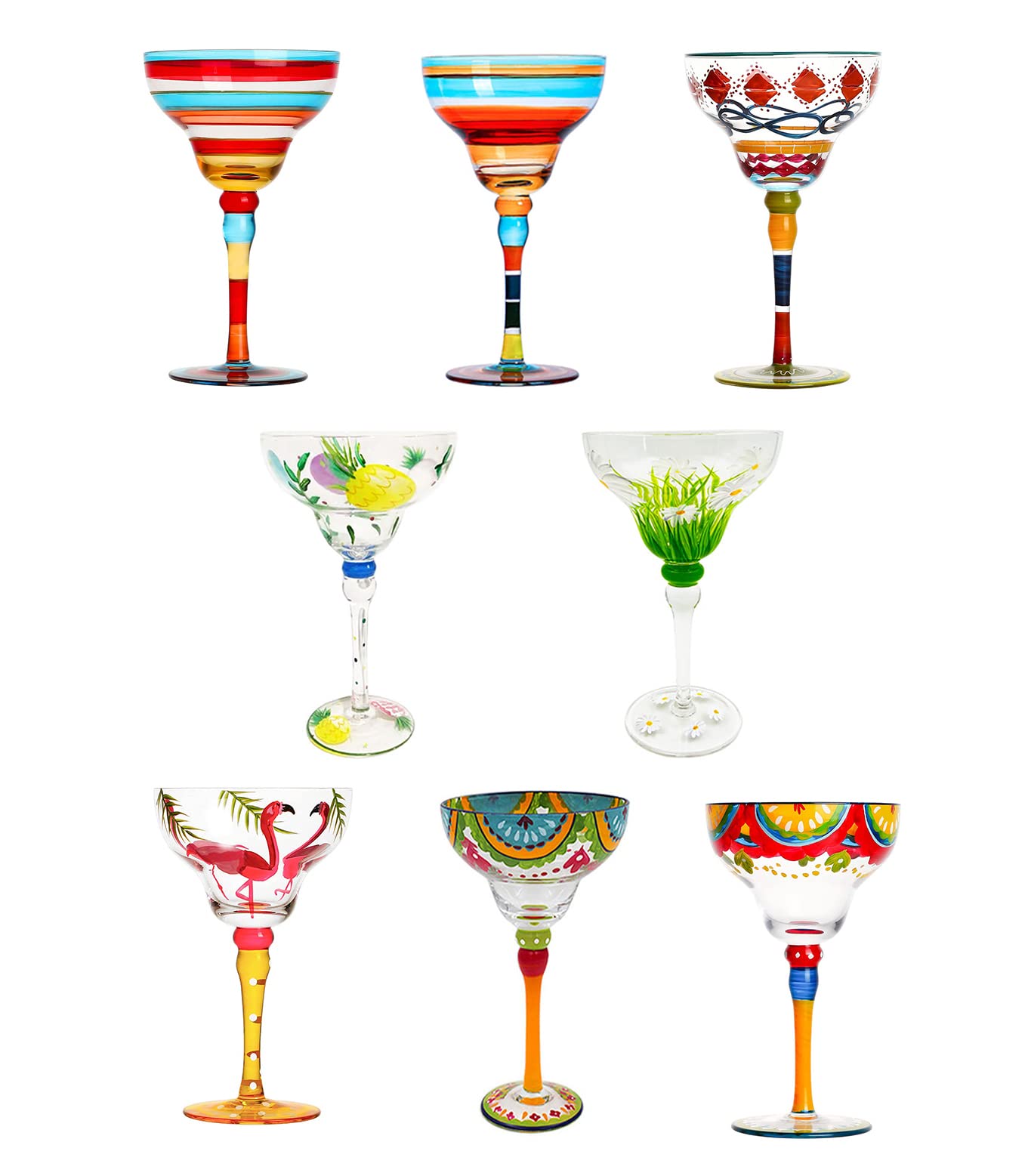 HIUHIU Painted Margarita Glass, Mexican Collection Stemless Margarita Glasses Cup Set Unique/Decorative Hand Blown Glassware Margarita Glasses,8PCS