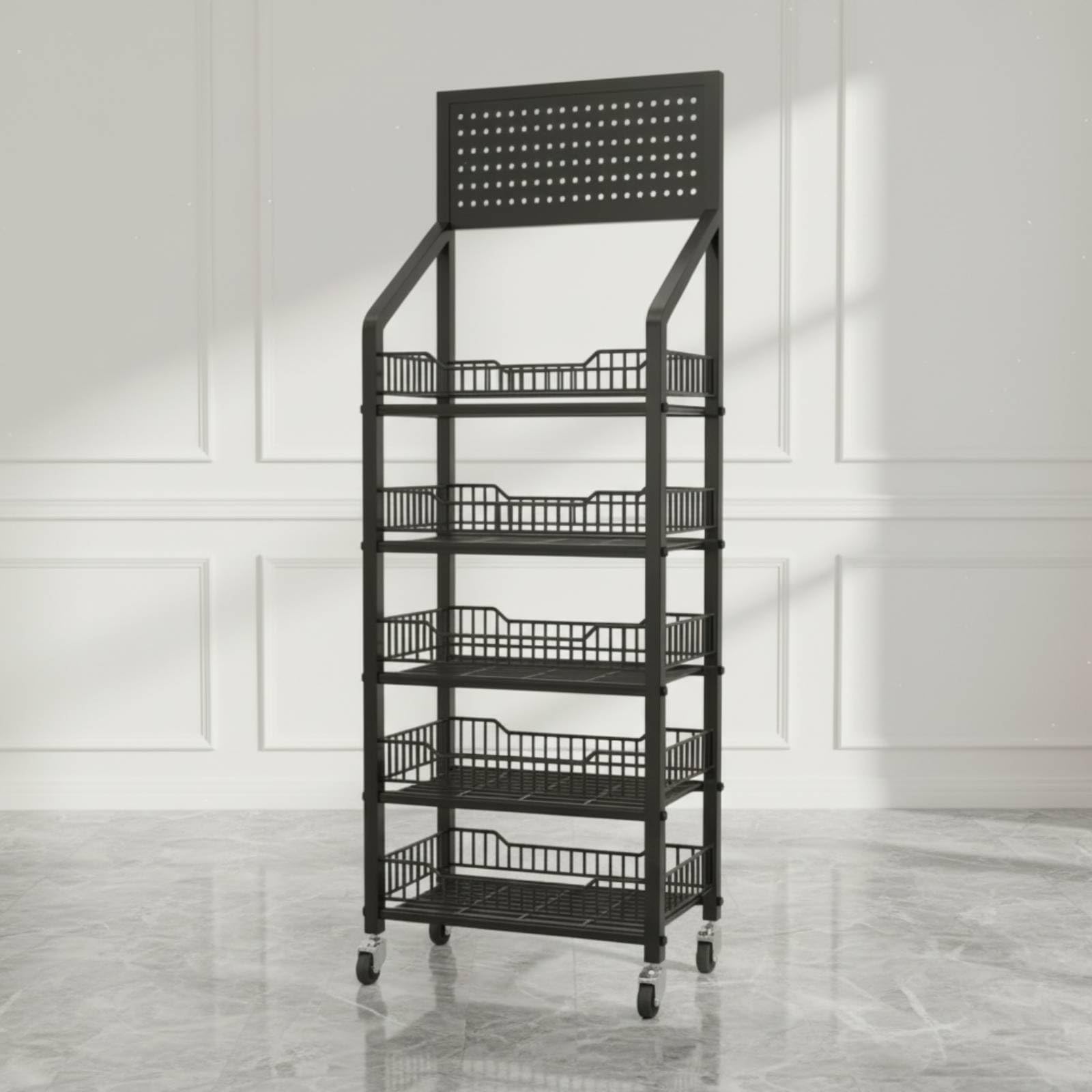 Gralara Estantería Metálica 5 Niveles Gran Capacidad Organizador Snacks con Ganchos Uso Profesional Metálico para Vendores, Tenros, Supermercados, Negro, 60cm