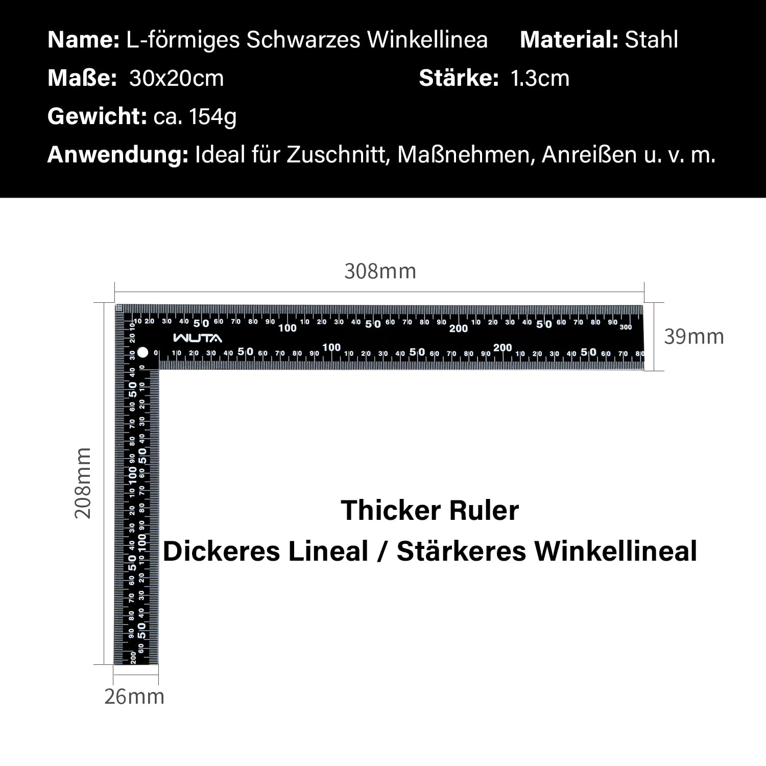 WUTA Anschlagwinkel 30 x 20 cm Framing Square, L-förmiges Winkellineal aus Titanstahl, 90-Grad-Winkel für präzise Messung, Holz- und Metallbearbeitung