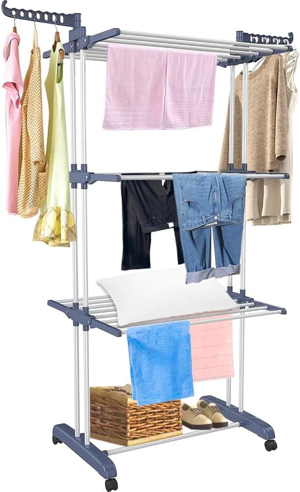 Ram® 4 TIER Airer Clothes Drying Rack,4 Tier Foldable Clothes Hanger Adjustable Large Stainless Steel Garment Laundry Racks for Indoor Outdoor Clothes Drying Rack
