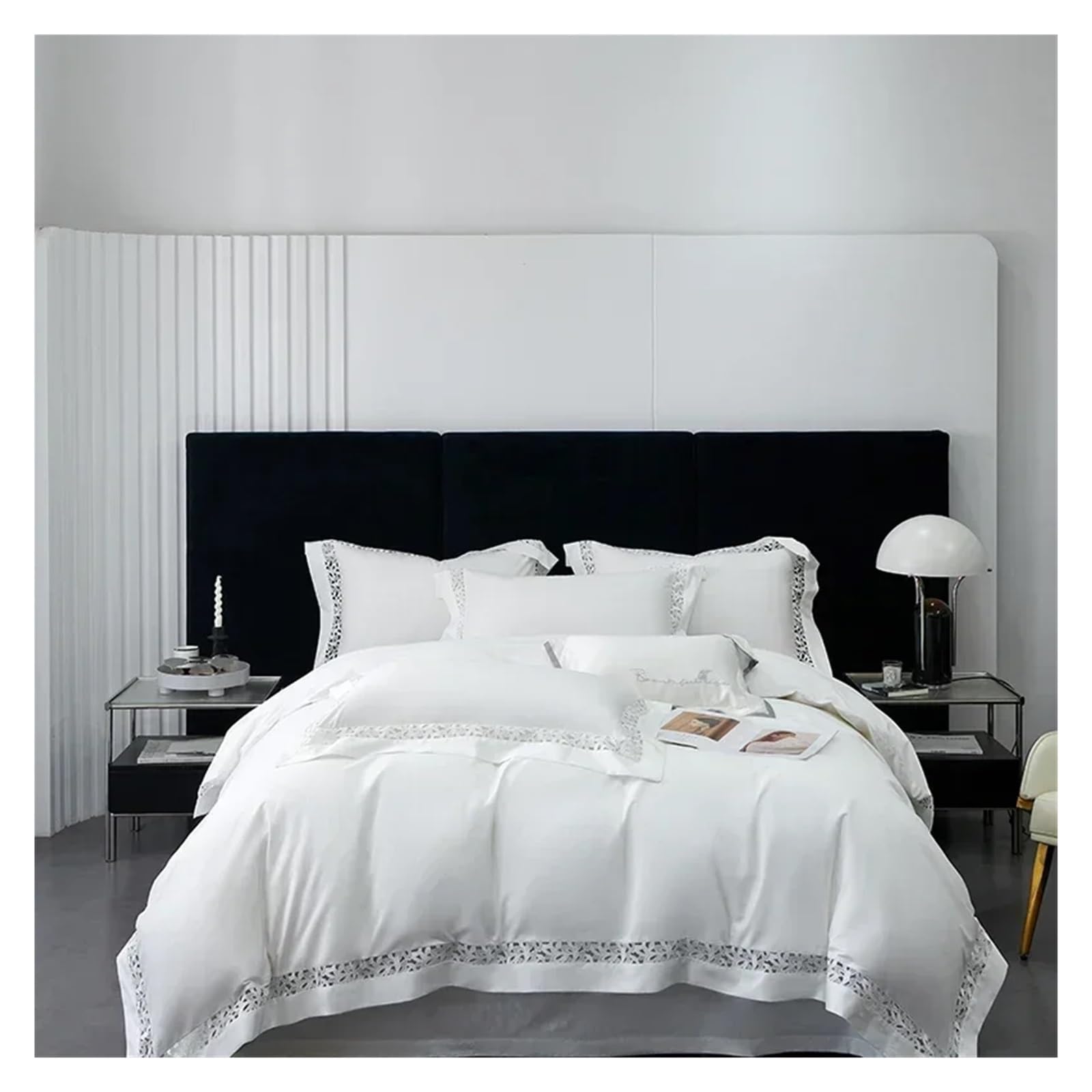 Sbcgfy Bianco Bed Four Pieces Set, White Egyptian Cotton Bedding Set Luxury Hollow Out Embroidery Duvet Cover Bed Sheets Pillowcases High-End Bed Set,-Queen