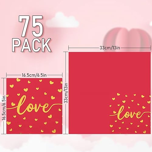 Miniatura 2 de Whaline Paquete de 75 servilletas para el día de San Valentín de 65 x 65 pulgadas color rojo rosa dorado servilletas de papel desechables para