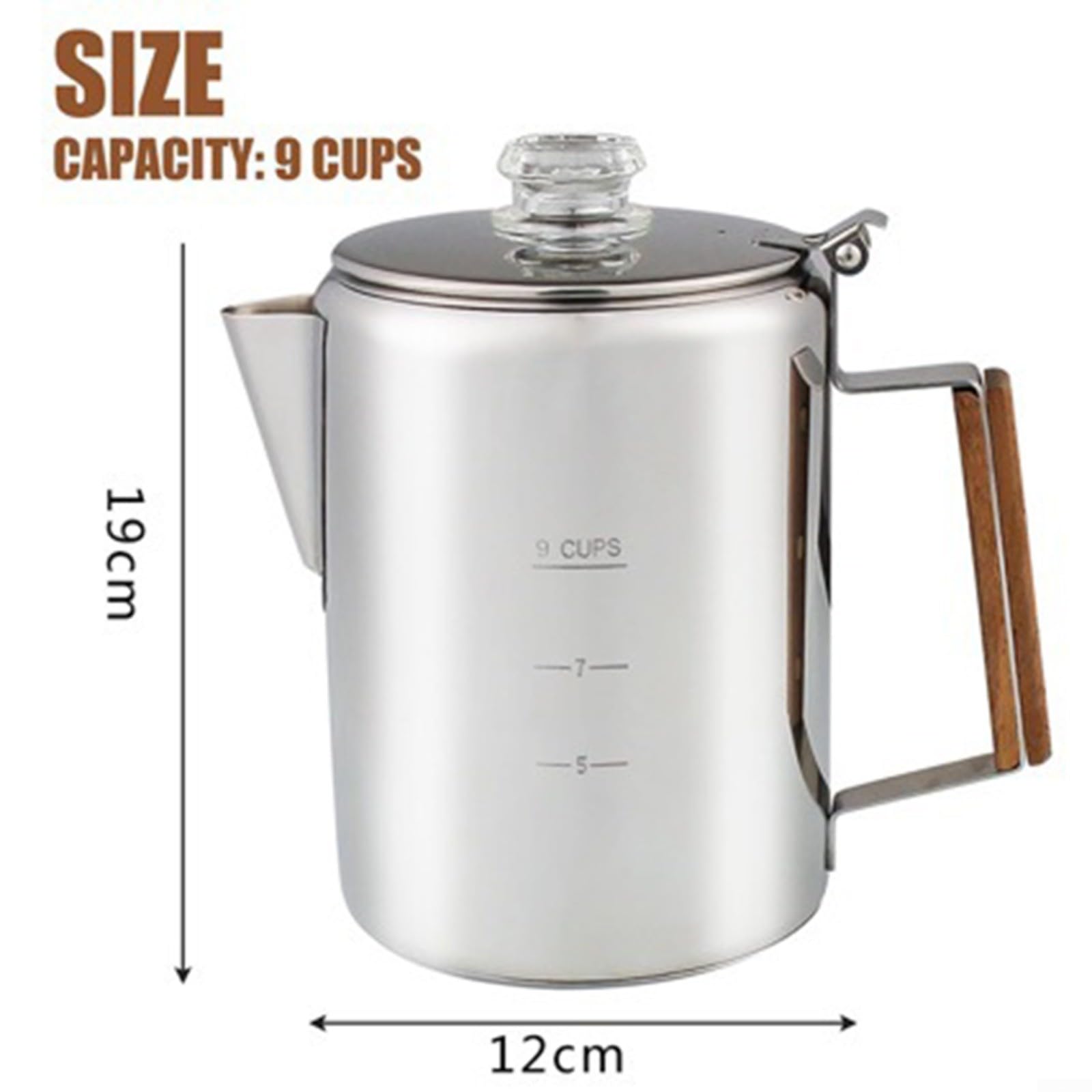 Percolatore per caffè da 9 tazze, in acciaio inox, con manico in legno duro, per piano cottura a fuoco e induzione, campeggio all'aperto ed escursionismo