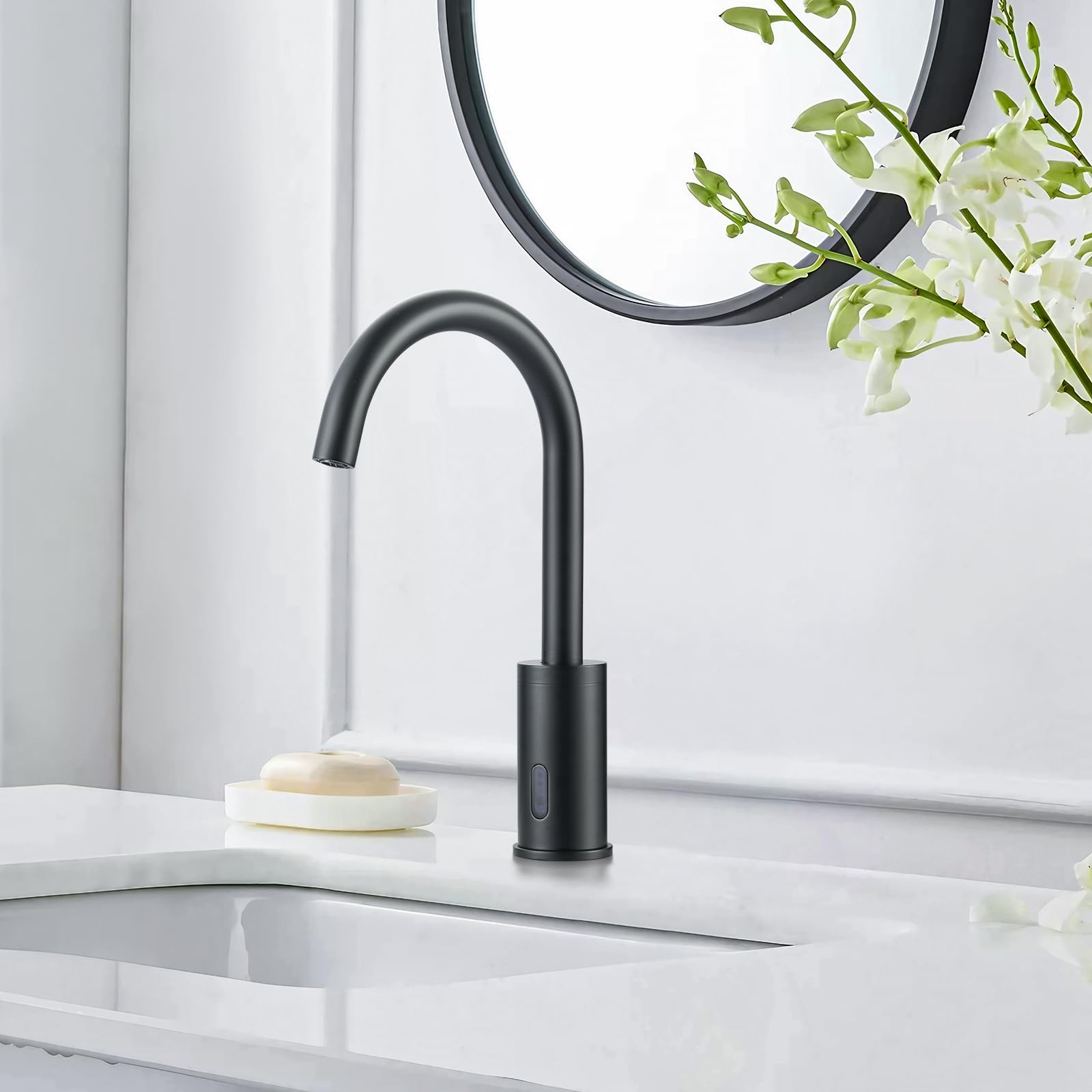 Sensore per rubinetto : Sensore a infrarossi per rubinetto bagno cucina - Rubinetto bagno automatico con miscelatore temperatura scatola di controllo, nero (Nero)