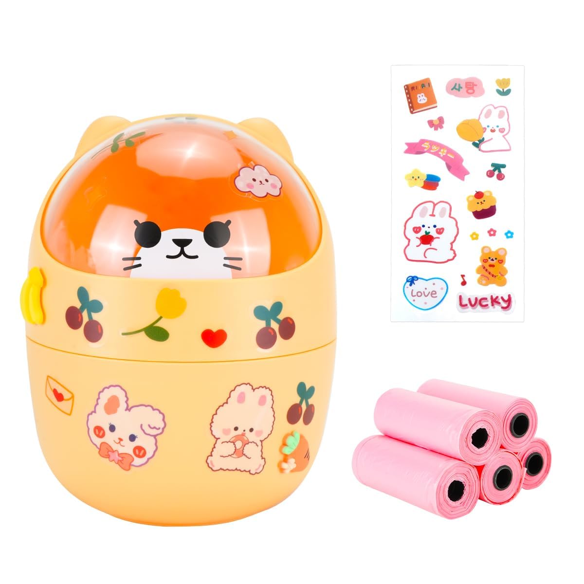 IBEQUEM Mini Trash Can, Cute Small Trash Can with Lid, Desktop Paper Bin with 5 Rolls of Bin Liners and cute stickers, Portable Tabletop Dustbin, Cartoon Animal Rubbish Storage for Kitchen (Orange)