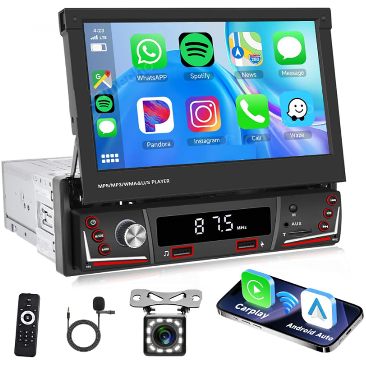 Hikity 7" 1 DIN CarPlay Radio Coche con Bluetooth FM Cámara Trasera | Pantalla Táctil Android Auto Wireless CarPlay EQ Control del Volante Manos Libres USB AUX Tarjeta TF