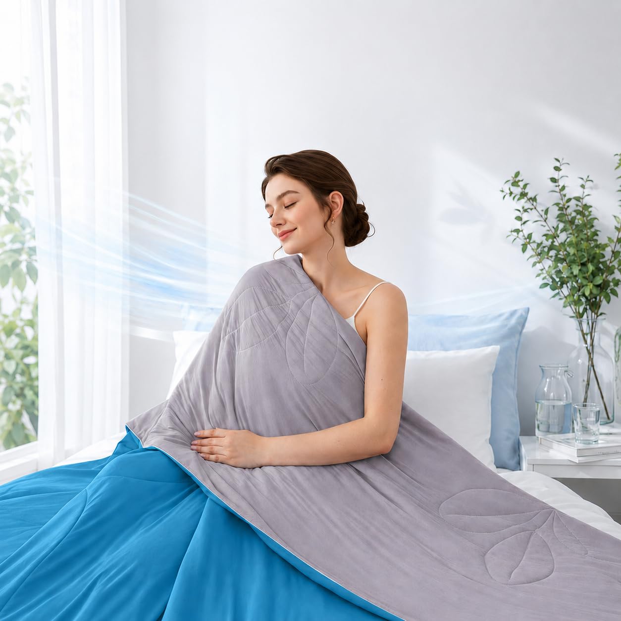 Arrylins Cooling Blanket 150x200 cm for Hot Sleepers, Leaves Blue