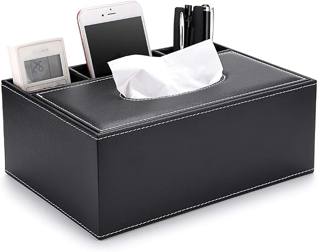 BSTKEY PU Leather Household Office Rectangular Tissue Box with Remote Control Storage Organizer Box - Elegant and Stylish Home Napkin Holder Desktop Tissue Paper Holder Desk Storage Organizer (Black)