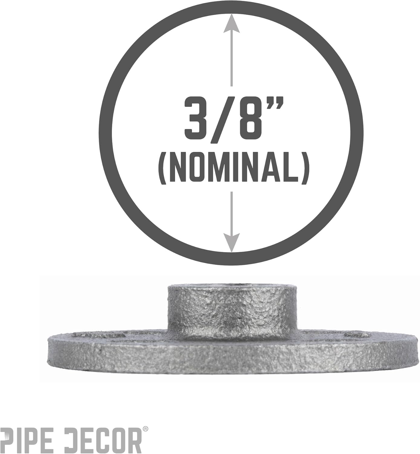 PIPE DECOR 3/8" Malleable Iron Floor Flange 10 Pack, Industrial Steel Grey Fits Standard Three Eighth Inch Threaded Black Pipes and Fittings, Vintage DIY Shelving, Real Plumbing Flanges