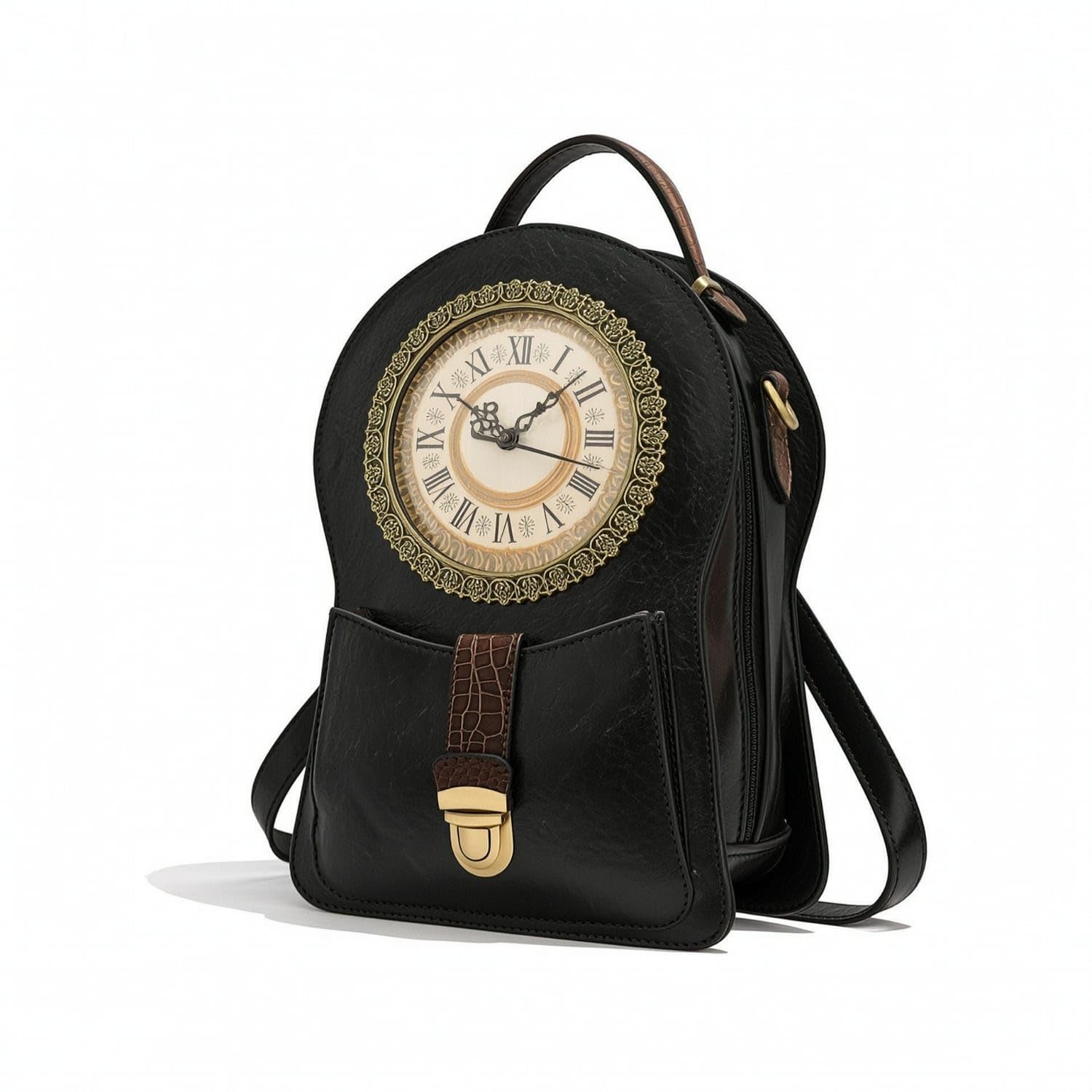 Retro Clock Backpack Textured Backpack with Clock Face Vintage-Inspired Purse Adjustable for Women, Teens, Theme Parties, Daily Use, Black-image-6