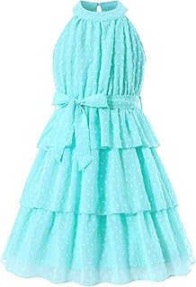 Girls Halter Neck Dress Summer Flared A-Line Swiss Dot Chiffon Sundress 6-13 Years Old - Buy now