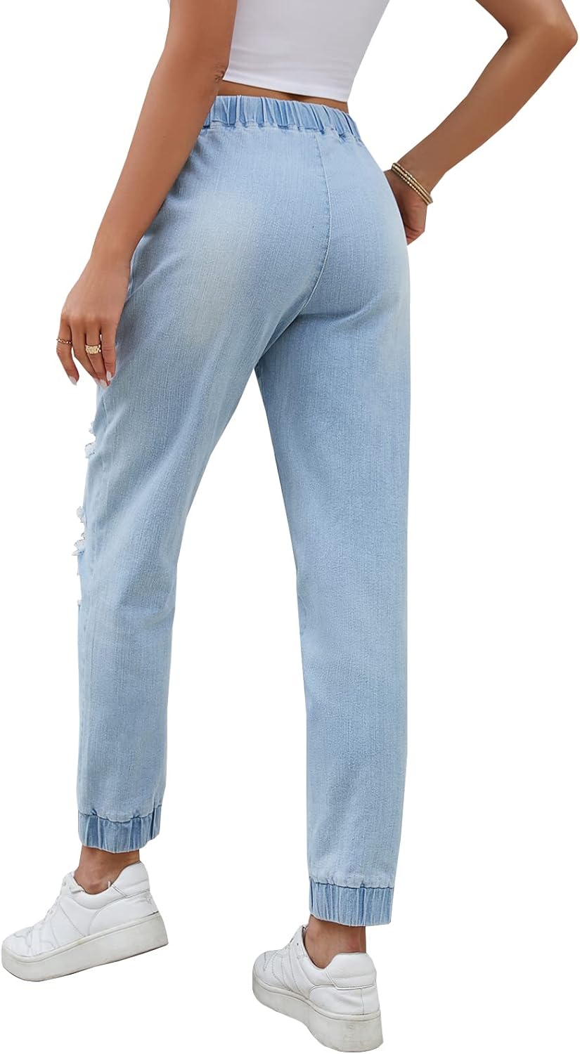 LONGYIDA Jean Joggers for Women Denim Ripped Loose Jeans High Waisted Stretch Drawstring Denim Joggers Pants - Image 4
