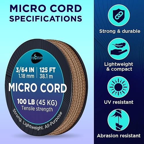 Miniatura 107 de TECEUM Micro Paracord – 0.046 in x 125 pies – Micro cable de utilidad – Cuerda de paracaídas trenzada fina – Lo mejor para manualidades, proyectos