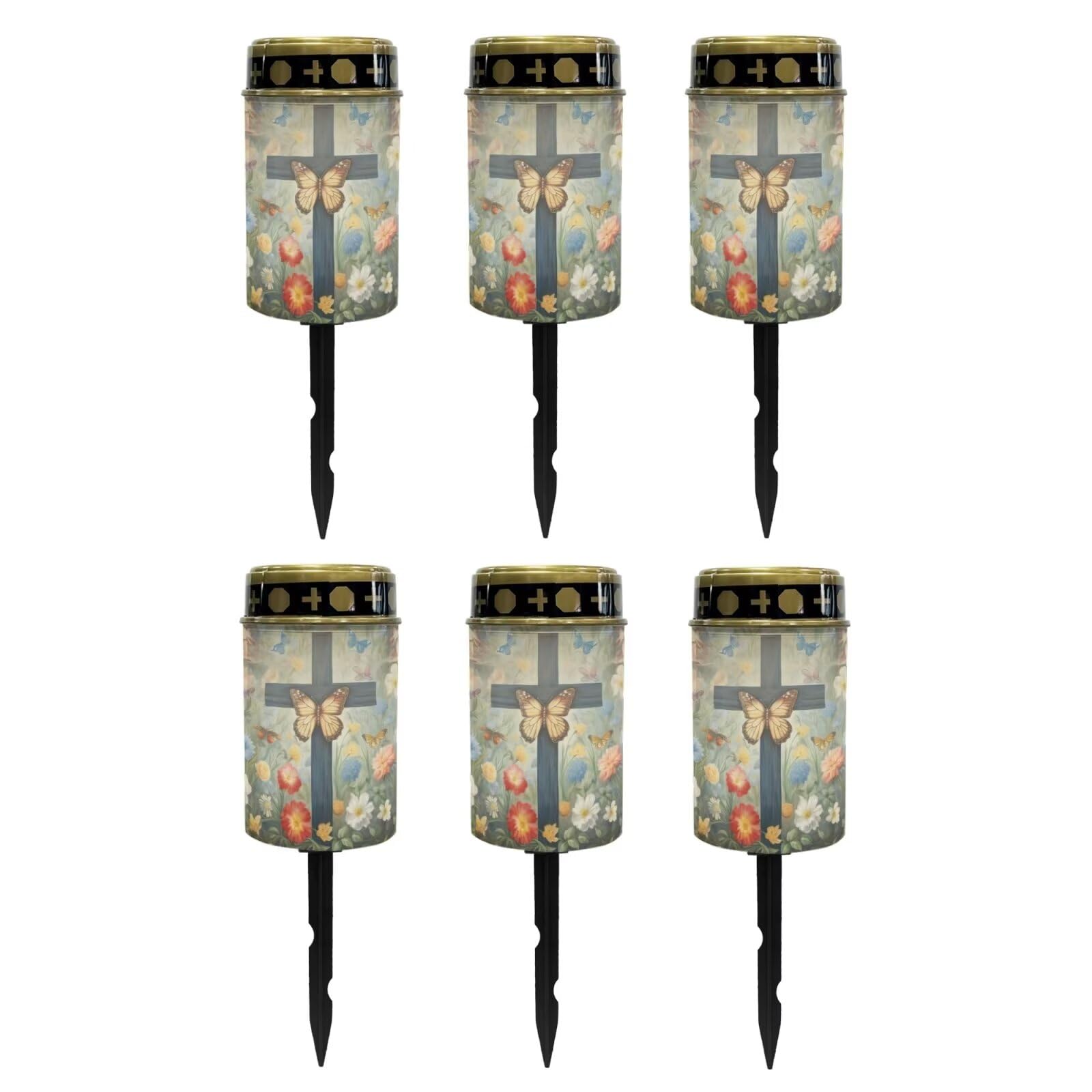 Poceacles Cross Solar Lights Outdoor for Cemetery Grave Solar Lights Outdoor Waterproof Decorative Flameless Candle for Cemetery Garden Backyard Outdoor Decor, Butterfly Cross Floral Green, Pack of 6
