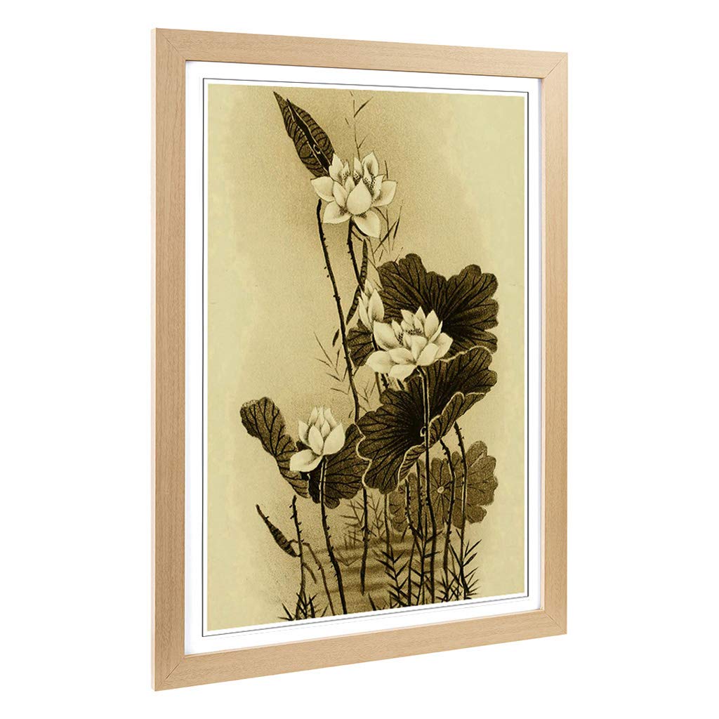 Big Box Art Framed Print of The Lotus Japanese Oriental Design | Wall Art Picture | Home Decor for Kitchen, Living Room, Bedroom, Hallway, Oak, A2 / 24.5x18 Inch / 62x45cm