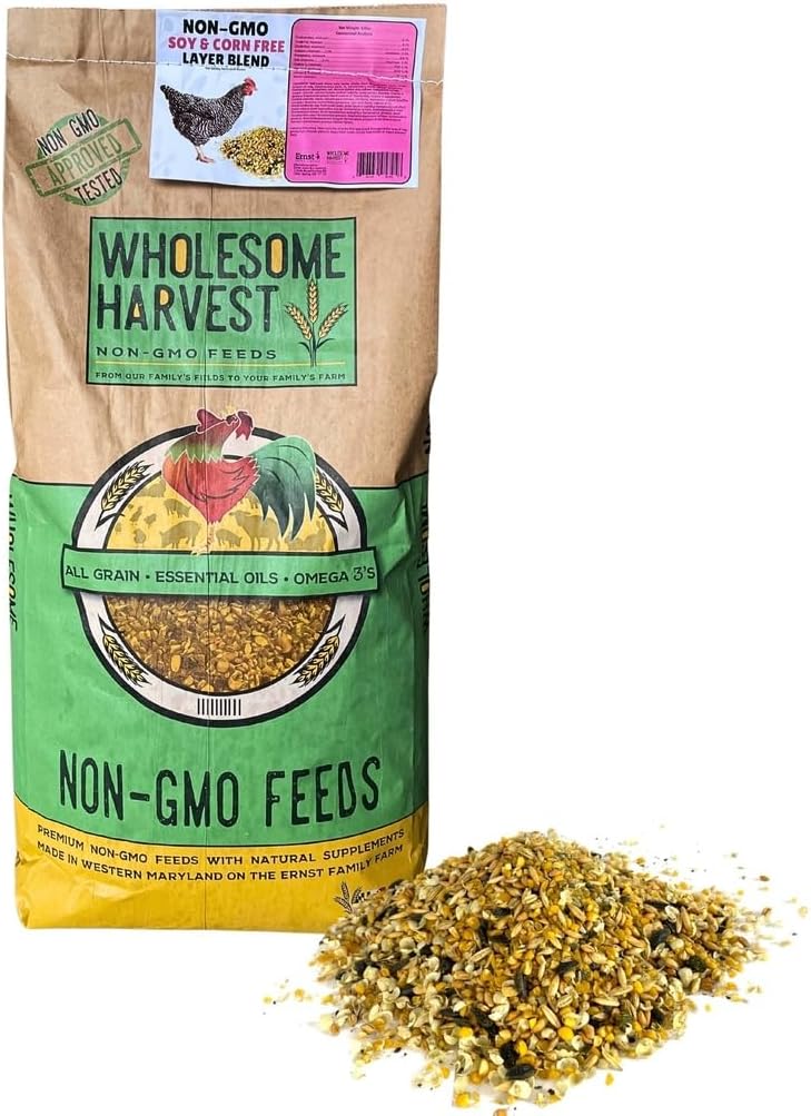 Non-GMO Soy and Corn Free Whole Grain Layer Blend 16% - Chicken Feed for Laying Hens and Ducks - Includes Essential Oils, Herbs, Oyster Shells, Vital Minerals, and Omega 3, 40lb