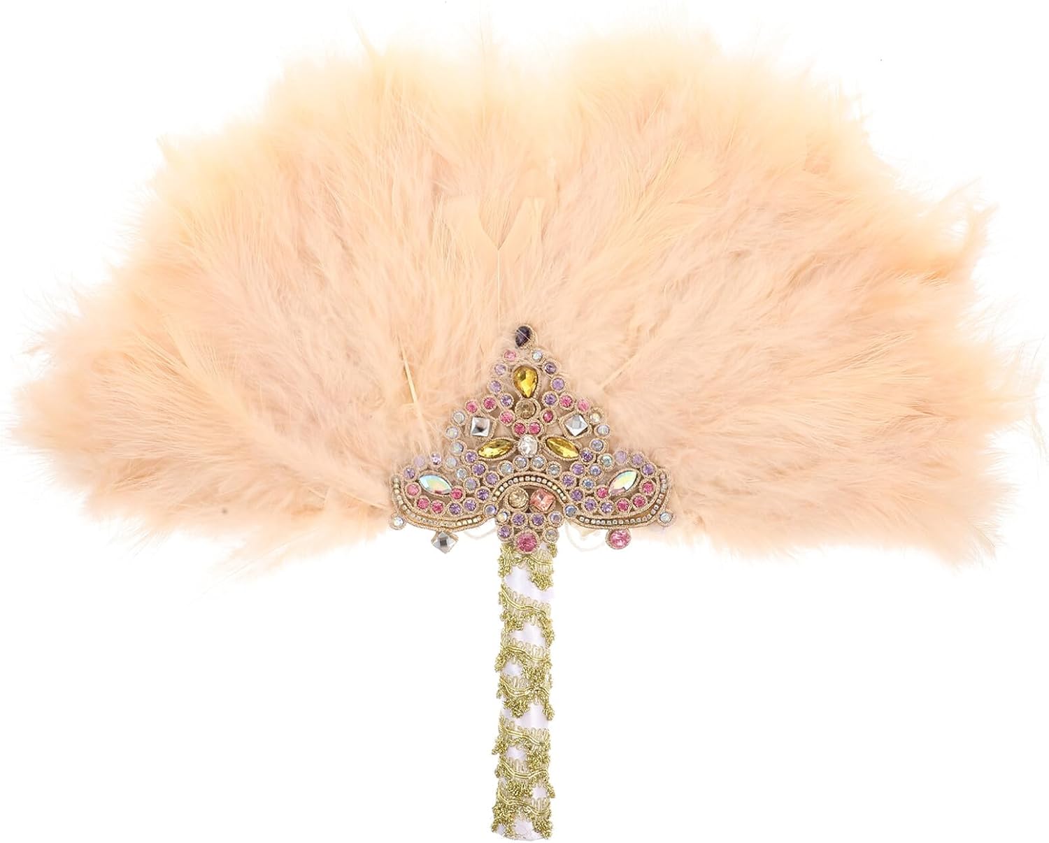 Amosfun Wedding Bridal Fan with Rhinestone Decoration, Beige Semi-circle Plume Handheld Fan for Bridesmaids and Bride, Stylish Accessory for Wedding and Stage Shows