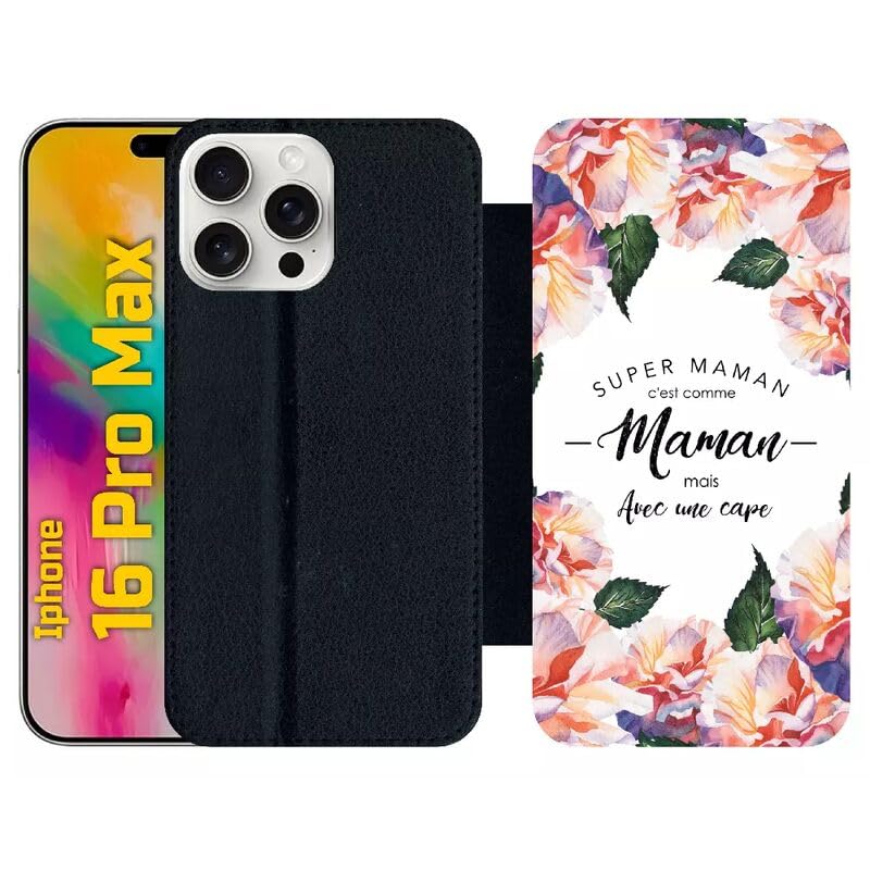 Étui à rabat iPhone 16 Pro Max noir protection portefeuille simili-cuir housse Super Maman