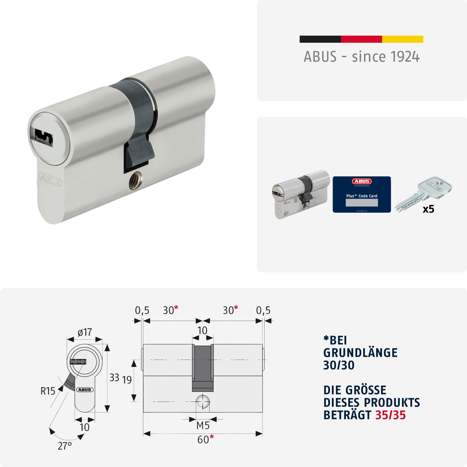 ABUS Cilindro de perfil D6XNP con 5 llaves y tarjeta de código - cerradura para puerta de entrada y de vivienda - cilindro doble con función de emergencia y seguridad - longitud del cilindro 35/35 mm