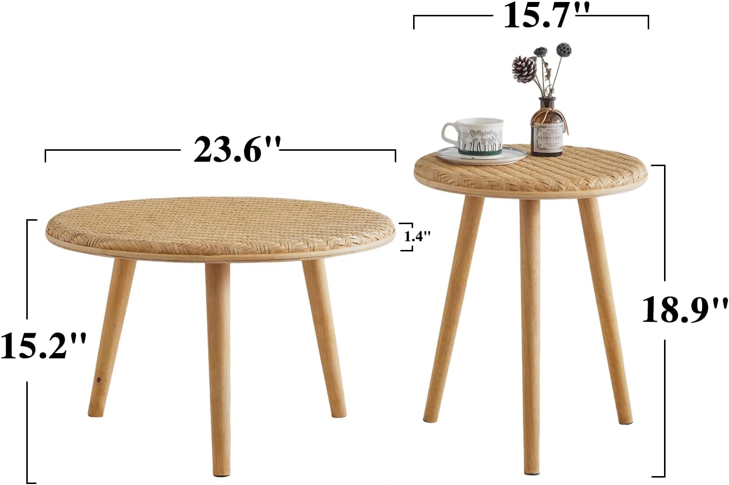 Side Table Set of 2, Coffee Table for Living Room, Farmhouse Circle End Table, Boho Round Coffee Table Natural Finish with Handcrafted Bamboo-Woven Tabletop, Unique Coffee Table