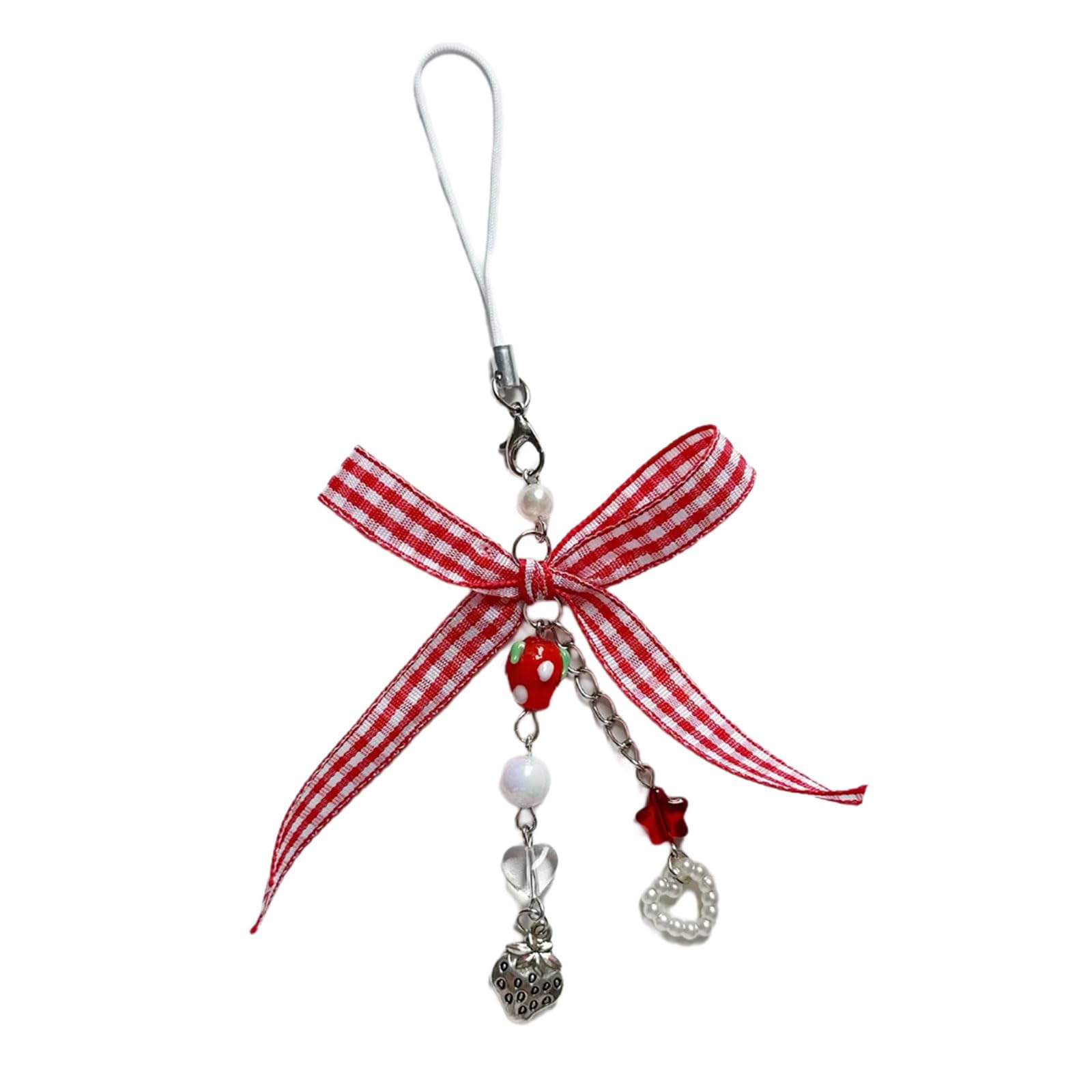 NEWFT Stylish Strawberry Ribbon Bowknot Phone Chain Handmade Keychain Pendant for Bag