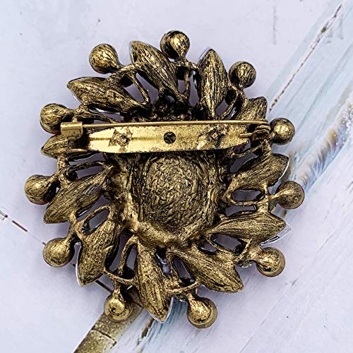 Image of SELOVO Flower Rhinestone Statement Brooch Pin Broach Antique Gold Tone