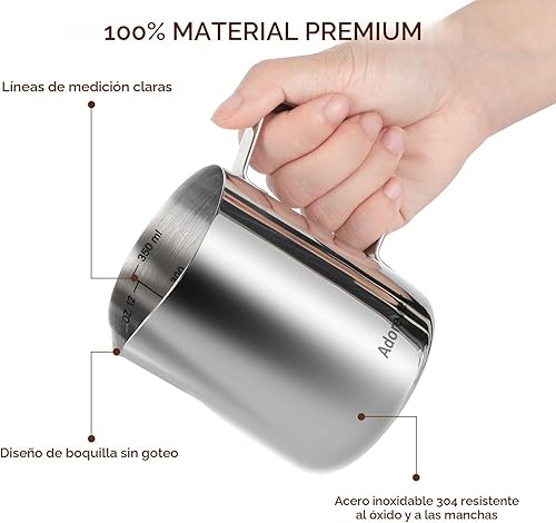 Miniatura 3 de Jarra espumadora de leche de 350 ml, 600 ml, 900 ml, 1500 ml y 2000 ml (12 onzas, 20 onzas, 32 onzas, 50 onzas y 66 onzas), de acero inoxidable