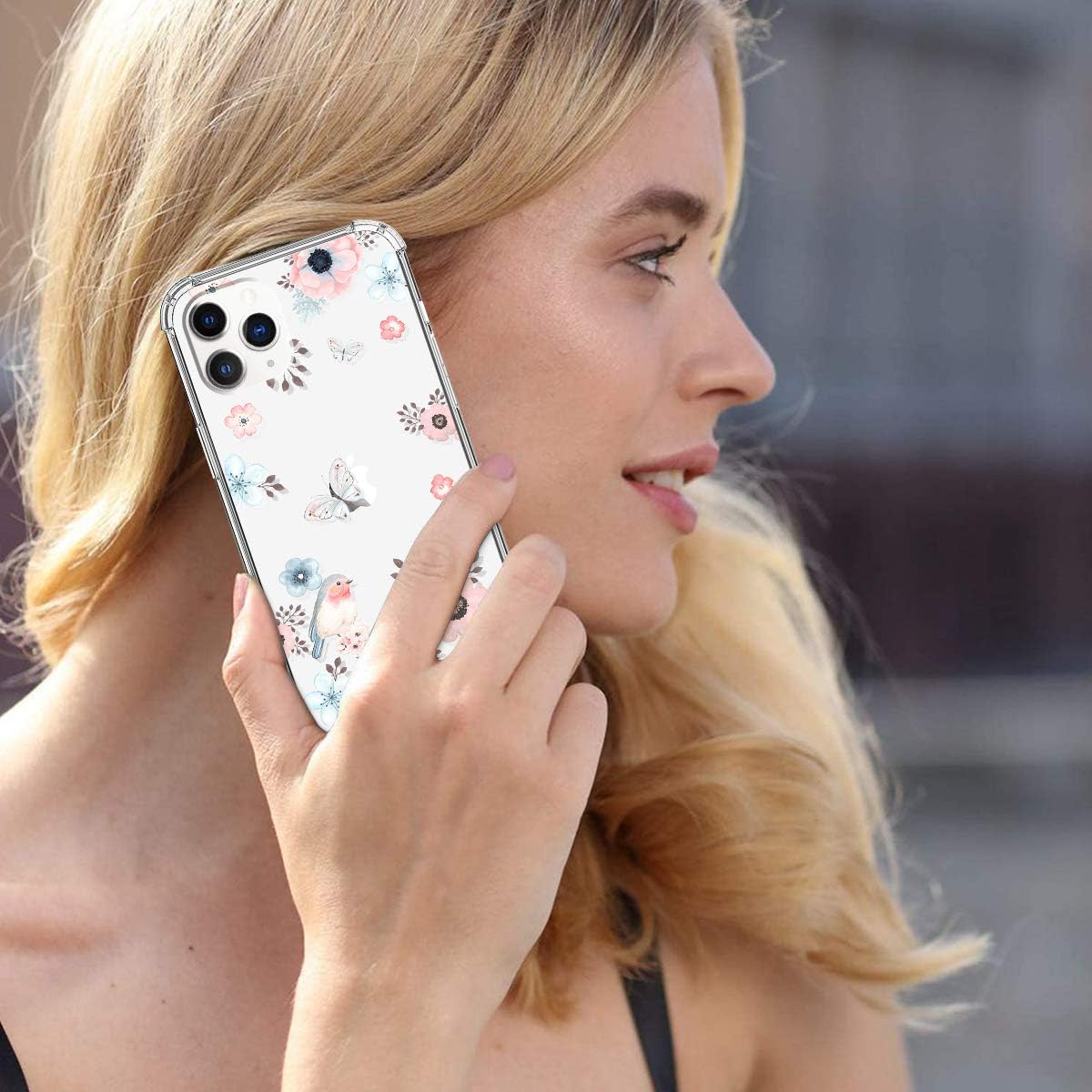 iDLike for iPhone 12 Pro Max Case for Women Girls, Clear Floral Flower Cute Design Hard Plastic Back + Soft TPU Bumper Protective Shockproof Phone Case Cover for iPhone 12 Pro Max 6.7, Bird/Poppy