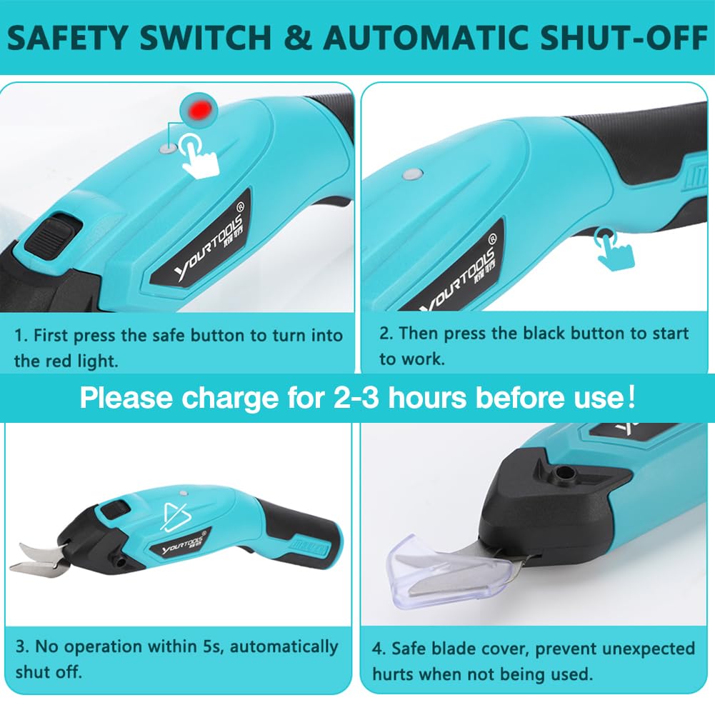 Tijeras Para Tela de Energía Eléctrica, 4.0V con Bloqueo de Seguridad y 2 Cabezas de Corte, Tijeras Electricas Textil y Costura para Corte Papel Cartulina Cuero Alfombra, 8 mm Max, Blue