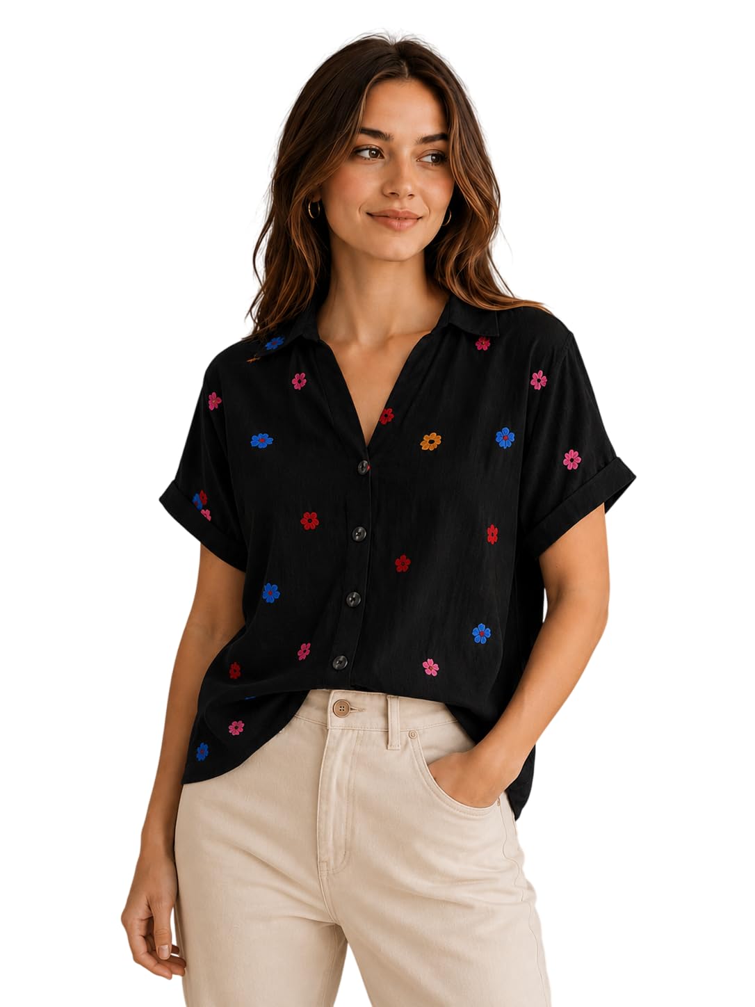 tagas Women's Floral Embroidered Shirt||Elegant Short Sleeve Shirts for Casual & Office Wear | Stylish Summer Button-Down Shirt for Girls & Women| Women Top's || Shirt for Womens|| Women wear|-picture-40