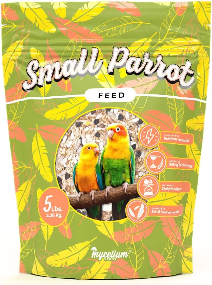 Mycelium Organic Small Parrot Bird Seed (5 LB Bag) | High-Energy Bird Food w/Premium Seeds & Grains for Skin & Feather Health | Daily Nutrition for Parrotlets, Conures & Cockatiel | Non-GMO, USA Made