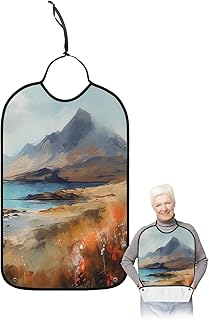 Adult Bibs for Elderly Women - Landscape Painting Waterproof Dining Clothing Protectors with Crumb Catcher for Eating/Feeding, Natural Scenery Mountains Lakes Terry Cloth Bib Machine Washable