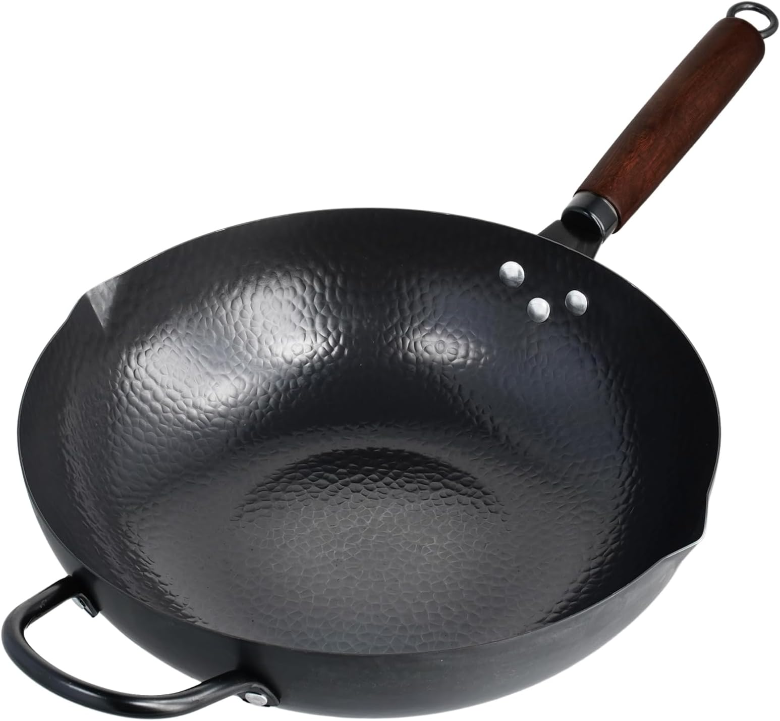 FNTCarbon Steel Wok Pan with Double Spouts, Woks & Stir-Fry Pans Nonstick with Wooden and Steel Helper Handle 11.8 Inches(Flat Bottom)