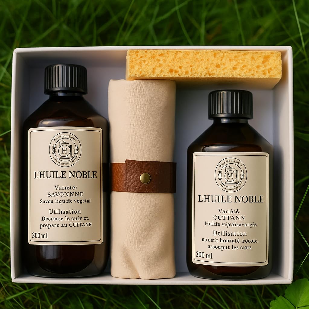 Kit Entretien Cuir Complet – Huile CUIRTANN + Savon végétal + Éponge + 2 Carrés Coton Satiné + Notice – Naturel & Fabriqué en France