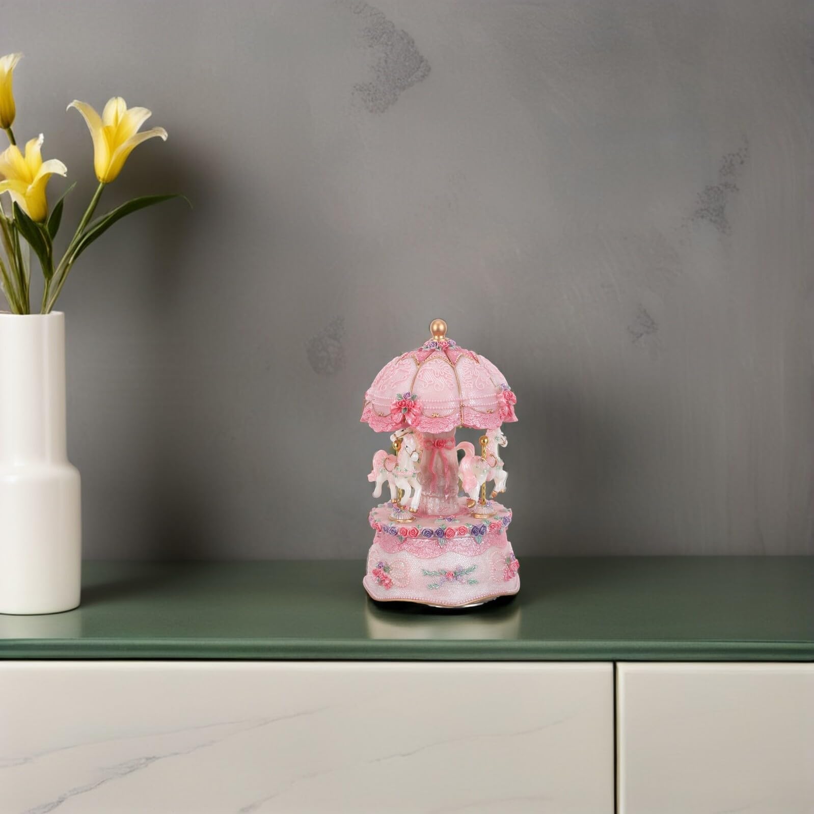 Ipetboom Carillon Giostra Rotante Vintage in Resina Rosa con Cavalli | Melodie Classiche Rilassanti, Luce LED Integrata, per Natale e Compleanno, Idea Regalo per Ragazze