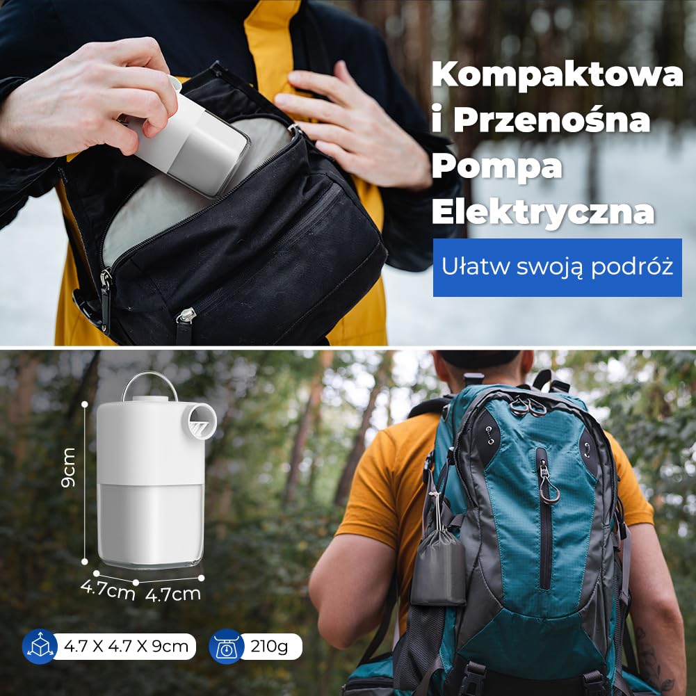 Przenośna elektryczna pompa powietrza 4000Pa Akumulator z oświetleniem kempingowym, mini nadmuchiwane i dedmuchane pompki elektryczne, stopka kempingowa/nadmuchiwane dywaniki/pierścień pływacki, biały
