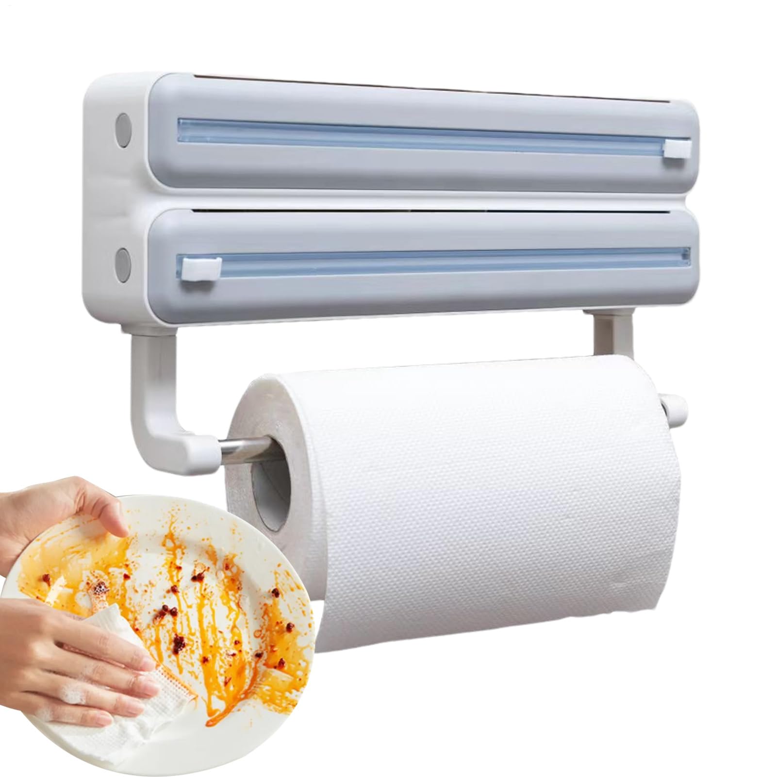 Dispensador de película Recargable – Soporte de Pared para Papel de Aluminio de Cocina, de Almacenamiento multirollo, Soporte de película de Corte con Estante para pañuelos, Ahorro de Espacio en
