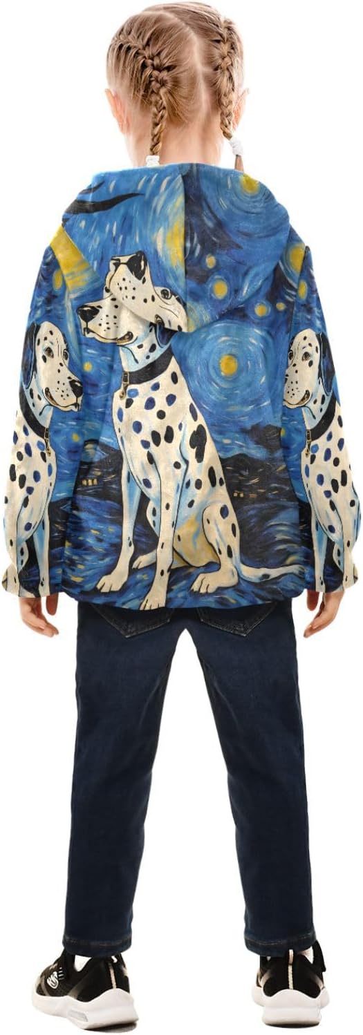 ALAZA Watercolor Dalmatians Dog Starry Sky Hoodie Jacket for Girls Toddler Fleece Zip Up Coat Plush Jacket for 3 Years