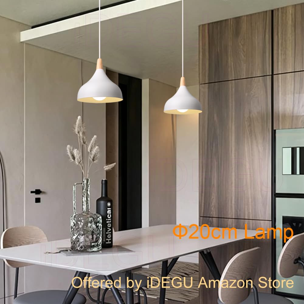 iDEGU 2 piezas Lámpara Colgante Moderna, 20CM Retro LED Lámpara de Techo en Madera y Metal Estilo Nordico Iluminación E27 Luz Colgante Interior para Comedor Salon Dormitorio (Blanco)
