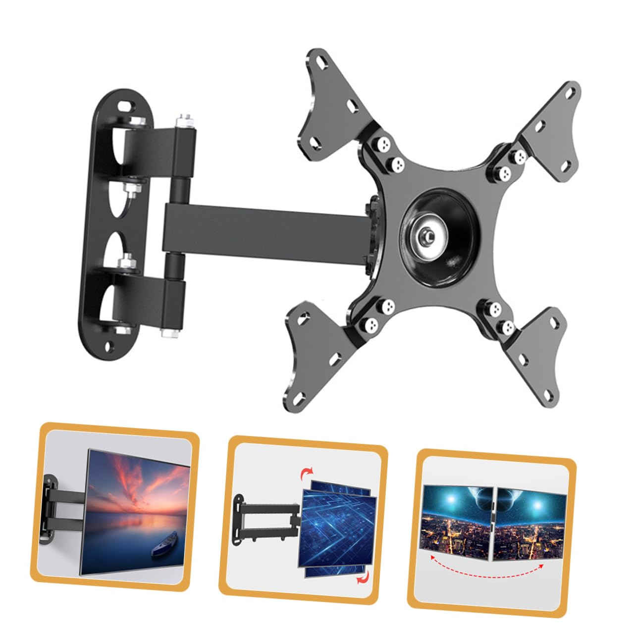 Supporto da Parete per Tv 14-37 Pollici in Acciaio Laminato Nero | Struttura a Parete, Portata 15kg, Design Pieghevole e Girevole, per Schermi e Monitor